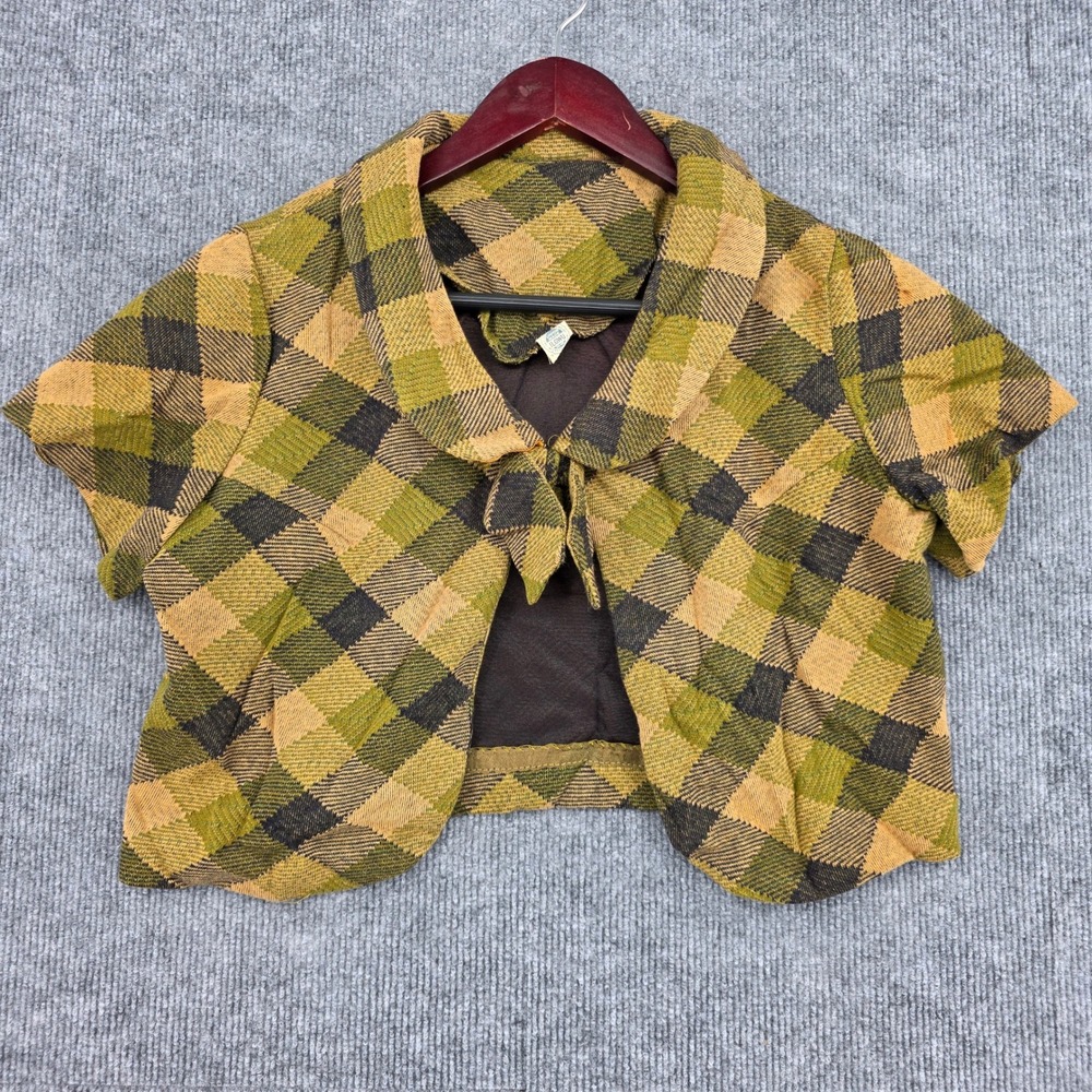 Vintage ILGWU Union Made Cropped Plaid Jacket Green Brown Short Sleeve Bolero